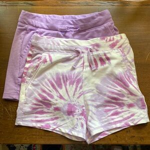 Girls shorts 2 pair, 10/12, soft elastic pull on pockets purple pink tie dye